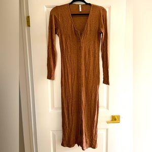 Rachel Pally metallic ribbed dress in bronze with snap buttons in the front